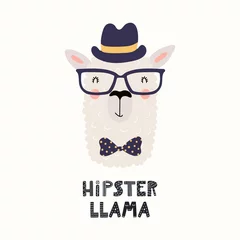 Gordijnen Hand drawn vector illustration with cute funny llama in a hat, bow tie, glasses, with text Hipster llama. Isolated objects on white background. Scandinavian style flat design. Concept for kids print. © Maria Skrigan