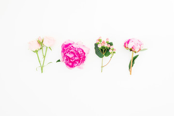 Obraz premium Floral concept of pink peony and roses flowers on white background. Flat lay, top view