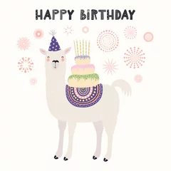 Cercles muraux Illustration Hand drawn card with cute llama in a party hat, carrying cake with candles, fireworks, text Happy birthday. Vector illustration. Scandinavian style flat design. Concept for invite, children print.