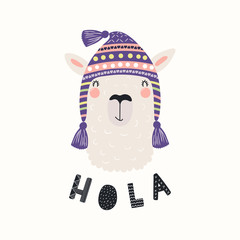 Hand drawn vector illustration with funny llama in a traditional Peru hat, with Spanish text Hola, Hello. Isolated objects on white background. Scandinavian style flat design. Concept children print. © Maria Skrigan