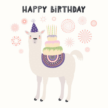 Hand drawn card with cute llama in a party hat, carrying cake with candles, fireworks, text Happy birthday. Vector illustration. Scandinavian style flat design. Concept for invite, children print.