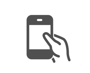 Hold Smartphone icon. Give Cellphone or Phone sign. Ð¡ommunication Mobile device symbol. Quality design element. Classic style icon. Vector