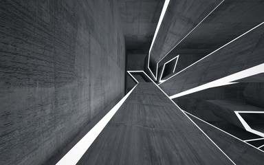 Empty dark abstract concrete room interior. Architectural background. Night view of the illuminated. 3D illustration and rendering
