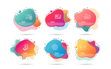 Dynamic liquid shapes. Set of Certificate, Feedback and Cashback icons. Column diagram sign. Verified document, Book with pencil, Financial transfer. Sale statistics.  Gradient banners. Vector