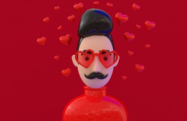 A man in love around his head hearts fly. 3d render