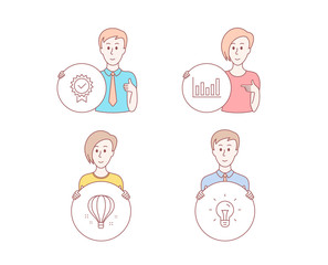 People hand drawn style. Set of Air balloon, Certificate and Column chart icons. Idea sign. Sky travelling, Verified award, Financial graph. Light bulb.  Character hold circle button. Vector