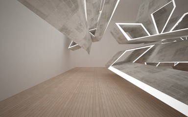 Empty dark abstract concrete room interior with wood. Architectural background. Night view of the illuminated. 3D illustration and rendering