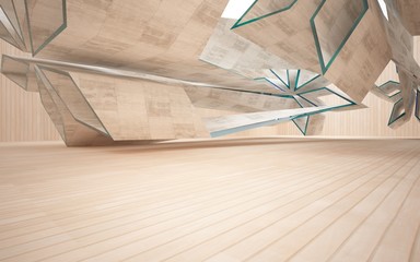 Abstract interior of concrete, wood and blue glass. Architectural background. 3D illustration and rendering 