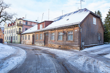 Old town buildings, street and urban view. Winter and snow. Travel photo 2018.