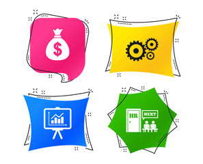 Human resources icons. Presentation board with charts signs. Money bag and gear symbols. Man at the door. Geometric colorful tags. Banners with flat icons. Trendy design. Vector