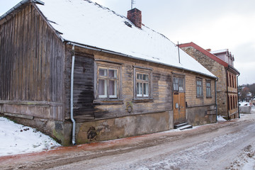 Old town buildings, street and urban view. Winter and snow. Travel photo 2018.