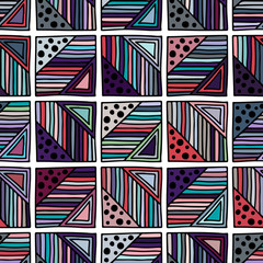 Obraz premium Seamless vector pattern. geometrical background with hand drawn decorative tribal elements. Print with ethnic, folk, traditional motifs. Graphic illustration for wrapping, wallpaper, fabric, packing
