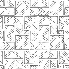 Seamless vector pattern. Black and white geometrical hand drawn background with rectangles, squares, lines. Print for background, wallpaper, packaging, wrapping, fabric.