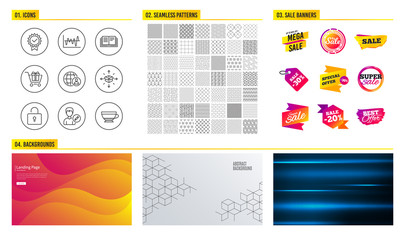 Seamless pattern. Shopping sale banners. Set of Stock analysis, Parcel delivery and Education icons. Certificate, International recruitment and Lock signs. Vector