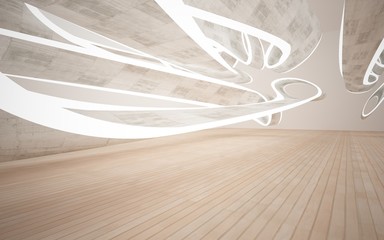 Empty dark abstract concrete and wood room smooth interior. Architectural background. Night view of the illuminated. 3D illustration and rendering