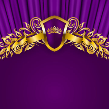 Royal background with ornament, shield, gold crown, ribbon, blazon, place for text in vintage style.