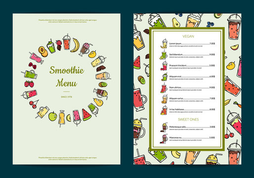 Vector doodle fresh fruits mix smoothie cafe or restaurant menu template illustration