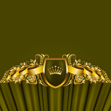 Royal background with ornament, shield, gold crown, ribbon, blazon, place for text in vintage style.