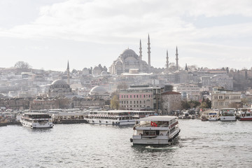 Turkey, Istanbul, City view with Suleymaniye Mosque, ships at Golden Horn