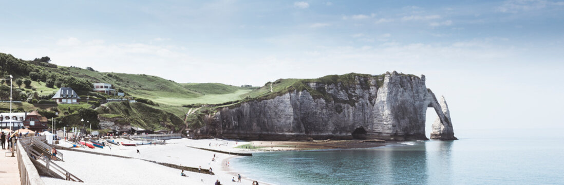 France, Upper Normandy, Seine-Maritime, Etretat, panoramic view of Porte d?Aval and rock needle Aiguille