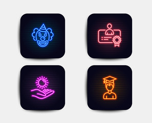 Neon set of Sun protection, Certificate and Clown icons. Student sign. Ultraviolet care, Best employee, Funny performance. Graduation cap. Neon icons. Glowing light banners. Vector