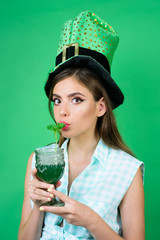St. Patricks Day pinup girl with fashion hair. pretty girl in vintage style. pin up woman with...
