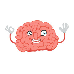 Cartoon brain with a face and little hands, smiling