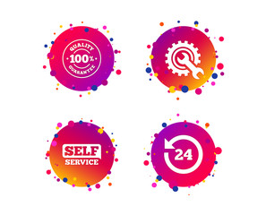 Repair fix tool icons. 24h Customer support service signs. 100% quality guarantee symbol. Cogwheel gear with wrench key. Gradient circle buttons with icons. Random dots design. Vector