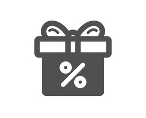 Gift box with Percentage icon. Present or Sale sign. Birthday Shopping symbol. Package in Gift Wrap. Quality design element. Classic style icon. Vector