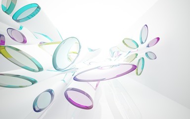 White smooth abstract architectural background whith colored gradient lines . 3D illustration and rendering