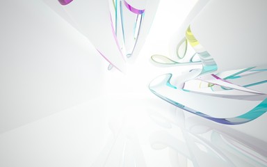 White smooth abstract architectural background whith colored gradient lines . 3D illustration and rendering