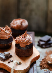 Super Moist Chocolate Cupcakes on wooden background. Selective focus, close-up.