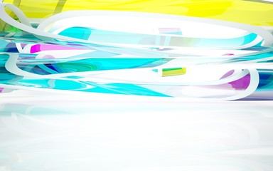 abstract architectural interior with colored smooth glass sculpture. 3D illustration and rendering