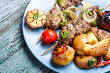 Grilled beef kebab on plate