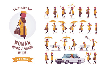 Woman with umbrella, wearing autumn, spring clothes, ready-to-use character set