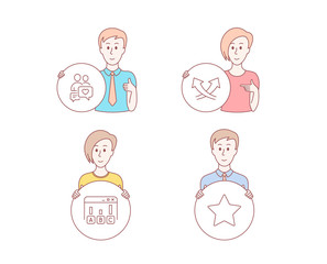 People hand drawn style. Set of Survey results, Intersection arrows and Dating chat icons. Star sign. Best answer, Exchange, People love. Best rank.  Character hold circle button. Man with like hand