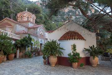 Crete Greece 12-18-2018. Monastery Agios Georgios, located in the Selinari gorge on Crete, Greece 