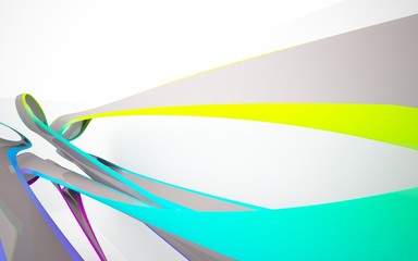 Abstract dynamic interior with colored gradient smooth objects and brown room . 3D illustration and rendering