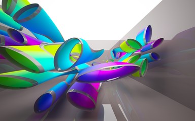 Abstract dynamic interior with colored gradient smooth objects and brown room . 3D illustration and rendering