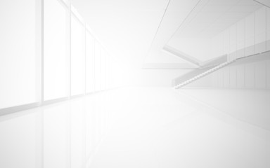 Abstract white interior multilevel public space with window. 3D illustration and rendering.