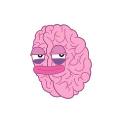 Purple brain with a face and a tired look with a grin