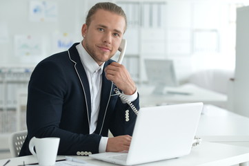 Naklejka premium Portrait of businessman working at table and talking on phone