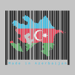 Barcode set the shape to Azerbaijan map outline and the color of Azerbaijan flag on black barcode with grey background, text: Made in Azerbaijan. concept of sale or business.