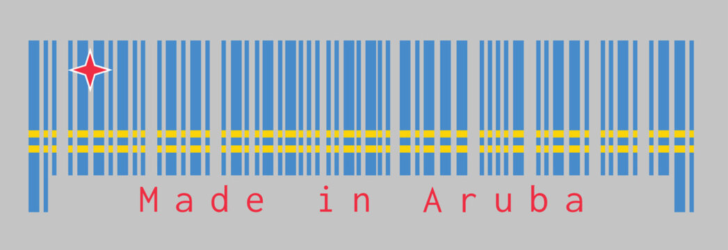 Barcode set the color of Aruba flag, light blue and two narrow parallel horizontal yellow stripes and red star, text: Made in Aruba. concept of sale or business.