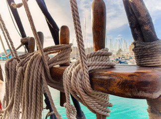 Pine trail with fixed running rigging. An old sailing ship