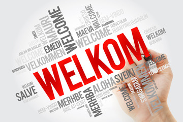 Welkom (Welcome in Afrikaans) word cloud with marker in different languages, conceptual background