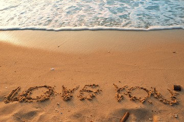 Valentine's Day concept, the word love you writing on sand beach with blue waves ocean.