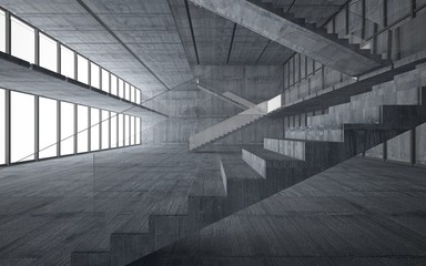 Abstract  concrete interior multilevel public space with window. 3D illustration and rendering.