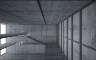 Abstract  concrete interior multilevel public space with window. 3D illustration and rendering.