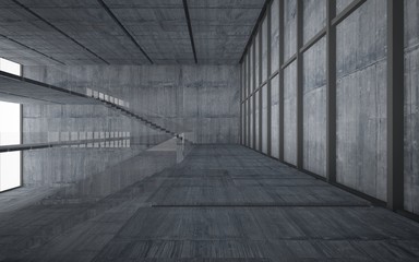 Abstract  concrete interior multilevel public space with window. 3D illustration and rendering.